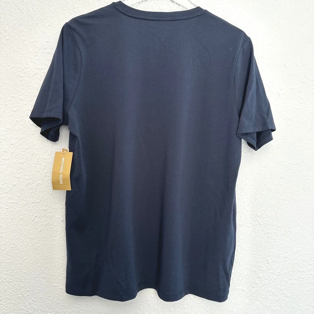 Michael Kors Studded Logo Charm Jersey T-Shirt Women Large Navy Casual NWT